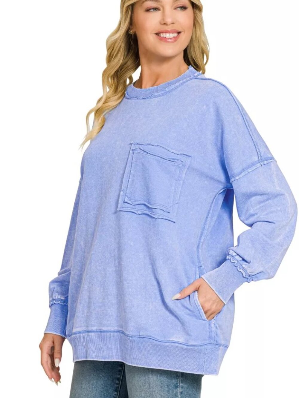 Acid Wash Raw Edge French Terry Sweatshirt with Front Pocket